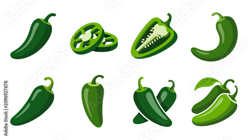 Assorted colorful green peppers arranged in a row Vector, illustration