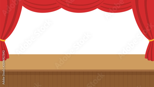 Red Theater Curtain Opening Scene Cartoon Illustration. Open Red Stage Curtain with Wooden Floor Background.