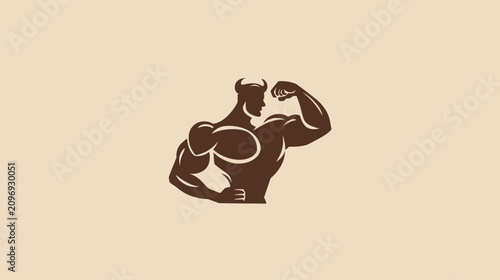 Powerful bodybuilder mascot flexing muscles on tan background.