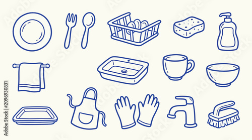 Schilderij op canvas Collection of hand-drawn icons representing kitchen cleaning and dishwashing supplies