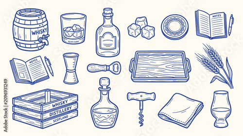 Foto Collection of whisky-related items and accessories, including a barrel, glasses, bottles, and tools, presented in a charming hand-drawn style