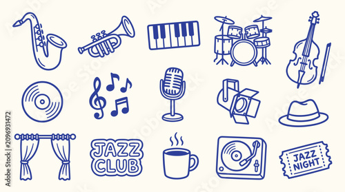 Photography Collection of hand-drawn musical instruments and jazz club elements in a doodle style