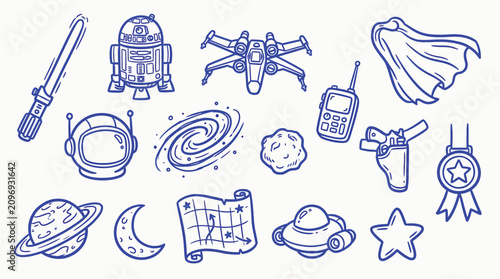 Fotografie Collection of hand-drawn space and science fiction icons including a lightsaber, robot, spaceship, astronaut, and planets