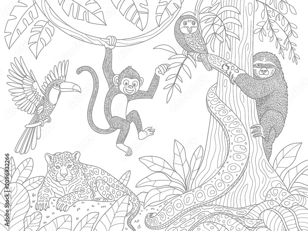Fototapeta premium Cute jungle animals illustration featuring monkey toucan sloth and jaguar on transparent background