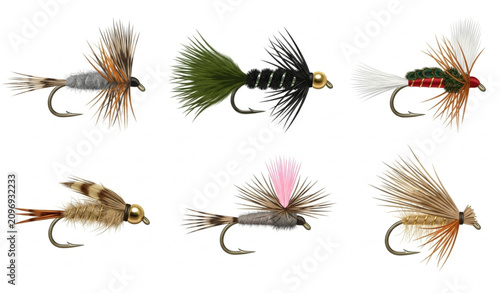 Konstfotografi Premium fly fishing bait set with feathers vector illustration isolated on white