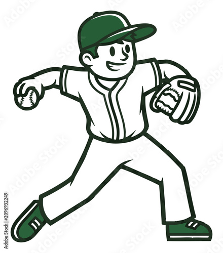 Cheerful cartoon baseball player in dynamic running pose with green cap and uniform, concept for sports enthusiasm, youth activity promotion, and team spirit illustration for children's books,