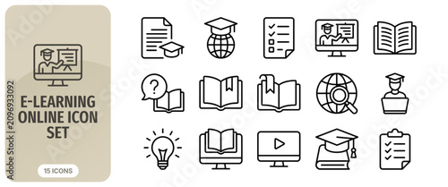 Elearning online icon set, education and digital learning symbols, vector illustration of school and university study materials, online courses, webinars, and knowledge acquisition icons