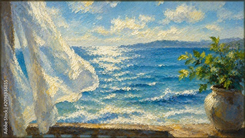 窓辺の白いカーテンが風になびく美しい青い海と空の点描画眺望