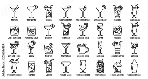 Cocktail Drink Outline Icon Set with Martini Mojito Margarita and Bar Beverage Vector Collection