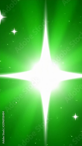 Radiant white star sparkles on bright green background.