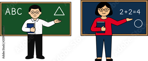 School teacher characters in classroom, male and female educators standing by chalkboard, flat vector illustration for primary education