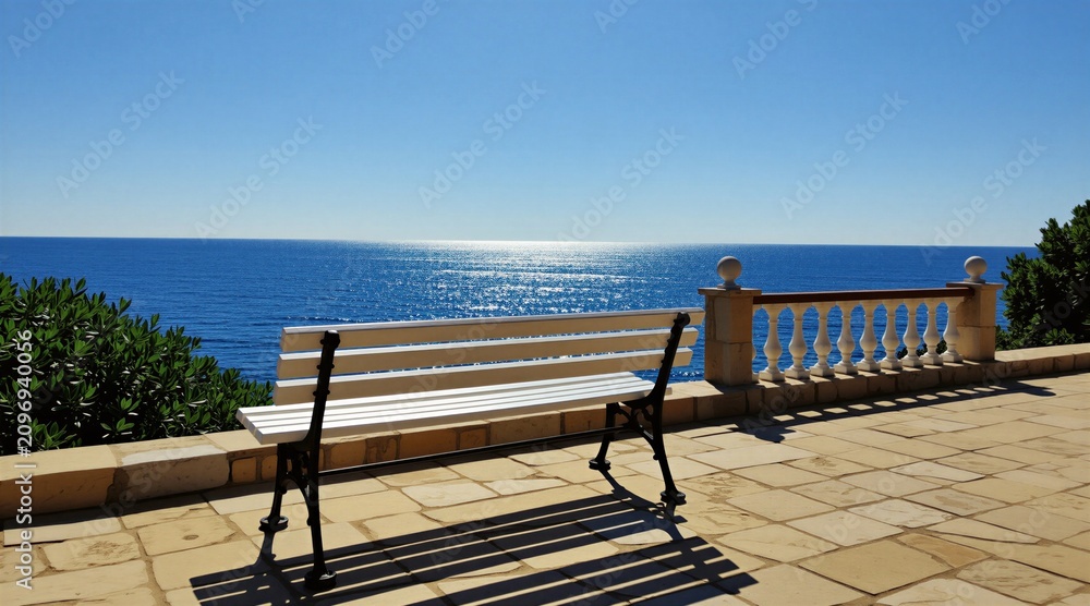 Obraz premium Empty white wooden bench stands on stone terrace overlooking Mediterranean sea. Sunny day brings clear blue sky, calm water horizon. Relaxing place for vacation travel leisure. Scenic outdoor
