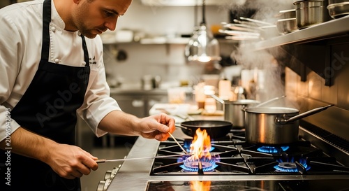 Professional chef cooking and flambeing food on gas stove in commercial restaurant kitchen
