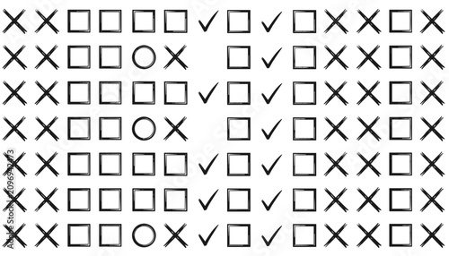Hand drawn checklist pattern featuring check marks, crosses, circles, and square boxes in sketchy line style.