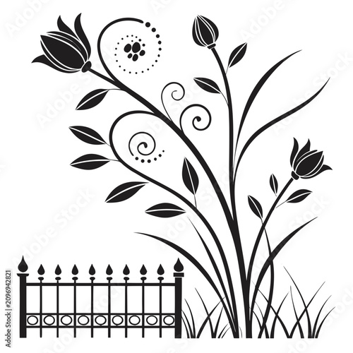 фотографія Graceful garden scene showing ornate wrought iron fence segment beside flourishing flower stems with swirling dotted accents and lush foliage perfect for artistic botanical decor projects today