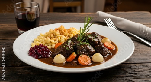 Delicious braised beef stew dinner served with gravy mash and vegetable sides