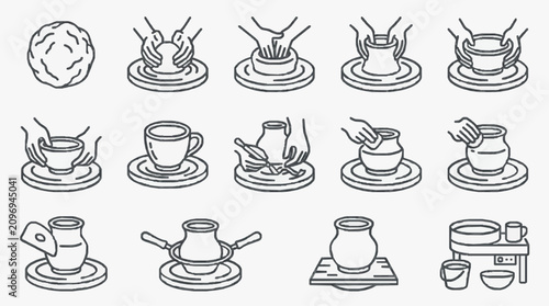 Foto Industrial Black and White Line Drawing Set of Traditional Tea Ceremony and Coff