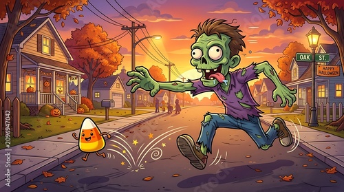 A hilarious digital illustration of a goofy cartoon zombie, with one eye rolling, comically chasing a bouncing candy corn through a suburban street at sunset.