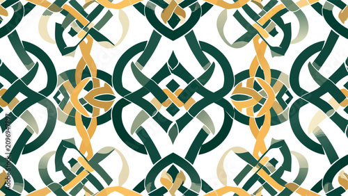 Intricate dark green and gold Celtic knot geometric tile seamless pattern, elegant cultural illustration perfect for heritage and interior design concepts