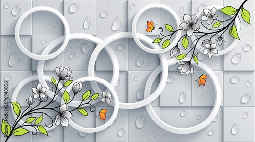 3d wallpaper design with white circles, flowers, green leaves, and butterflies on a grey tiled background with water droplets