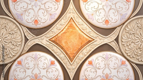 Ornate ceiling design with a central diamondshaped marble medallion surrounded by circular floral panels and intricate creamcolored molding