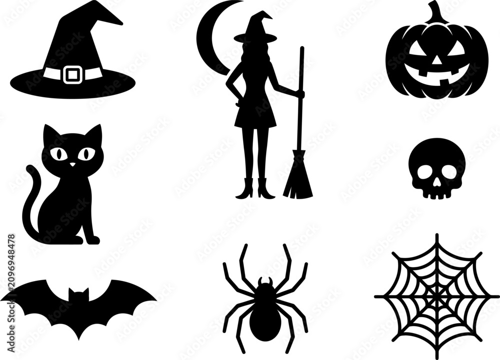 Fototapeta premium Black silhouettes of Halloween icons and symbols