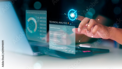 Businessman checking financial technical analysis and portfolio allocation on virtual screen dashboard.