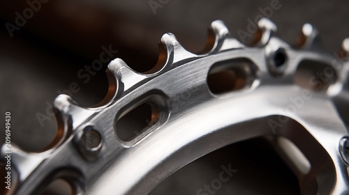 Close up detail of a silver bicycle chainring gear.