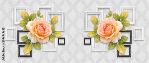 3d wallpaper design with large peach roses and decorative empty photo frames on a light grey wavy textured background