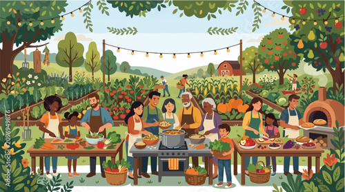 Diverse group of people gathered in a lush garden for a communal outdoor meal and celebration