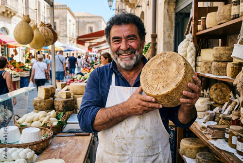 Italian cheese maker proudly presenting a wheel of aged pecorino at a traditional Sicilian market filled with artisanal cheeses and local delicacies. Cheese production concept