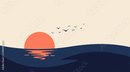 Minimalist flat ocean landscape background with sea waves giant sun and birds banner