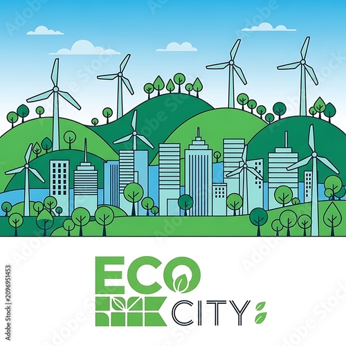 Eco friendly green city with wind turbines and solar panels.