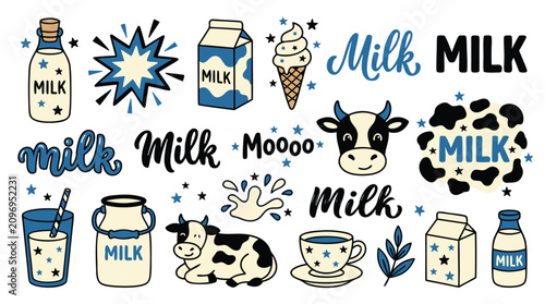 Foto Collection of cute dairy product illustrations including milk cartons bottles co
