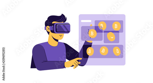 Man in VR Headset Interacting with Bitcoin Cryptocurrency in Metaverse Interface Illustration