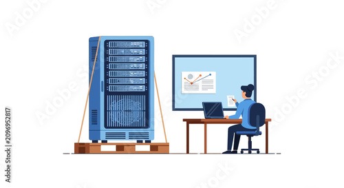 IT Engineer Managing Server Rack and Data Center Infrastructure Flat Vector Illustration
