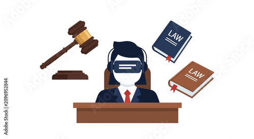 Virtual Reality Law and Digital Justice Concept Vector Illustration with Judge wearing VR Headset, Gavel, and Law Books