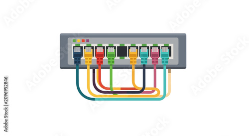 Network Switch Illustration with Colorful Ethernet LAN Cables. High Speed Internet Connection, Data Transfer, and IT Infrastructure Hardware Design Isolated on White.