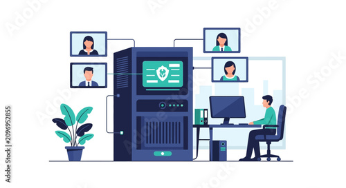 Cybersecurity and Server Data Management Illustration with IT Technician and Remote Team Connectivity Icons