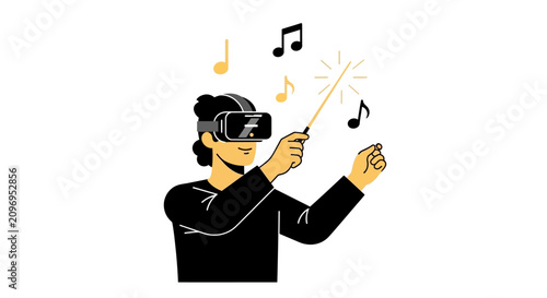 Virtual Reality Music Conductor Illustration: Person in VR Goggles Leading a Digital Orchestra with a Baton, Metaverse and Immersive Art Concept