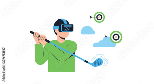 Man Using Virtual Reality Headset for Golf Training Simulation Vector Illustration