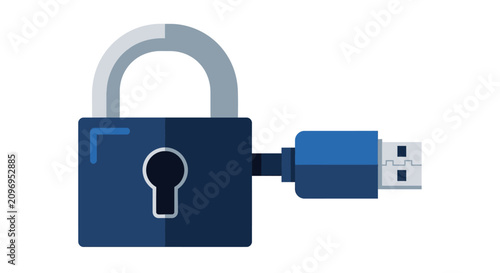 Cybersecurity and Data Protection Icon: Blue Padlock Integrated with a USB Connector representing Hardware Encryption, Secure Digital Storage, and Network Safety