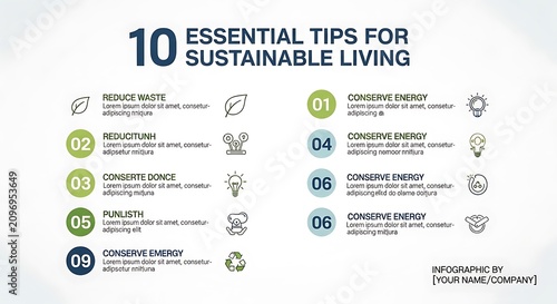 Eco friendly living tips infographic illustration.