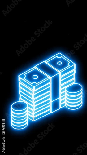 Neon blue glowing cash stack on dark background.