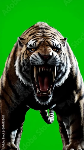 Roaring tiger close-up on green screen background.