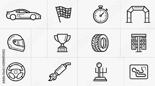 Fotografie Professional Black and White Line Icons Set Featuring Racing Car Checkered Flag