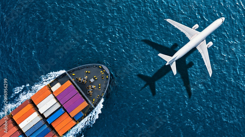 Logistics Transport Cargo Container Ship Vessel Ocean Sea Airplane Plane Flight