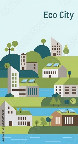 Eco-friendly sustainable city with green buildings and renewable energy.