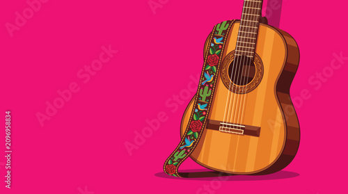 Schilderij op canvas Acoustic guitar with decorative embroidered strap on pink background illustratio