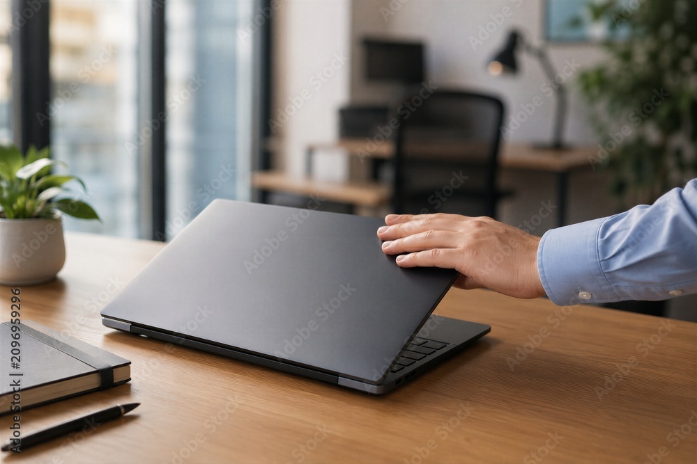Fototapeta premium Person closing laptop on desk